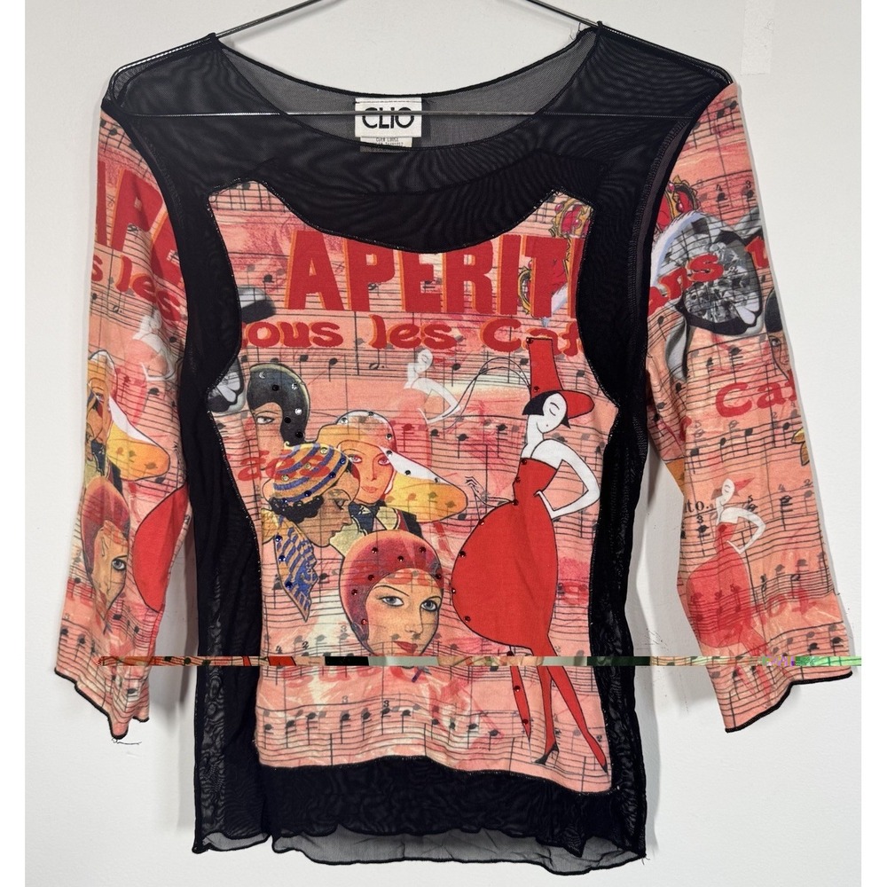 VTG Clio Art To Wear Sheer Mesh 3/4 Sleeve Top Sz M Y2K Eclectic Boho Statement